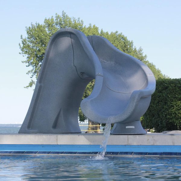 Gray Splash Deck Mounted Pool Slide (GPPSSP) is whale-shaped with water flowing from its mouth into a pool.