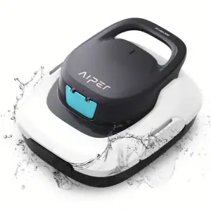Aiper Scuba 800 cordless robotic pool cleaner front view|Aiper Scuba 800 pool robot bottom view showing wheels|Aiper Scuba 800 in pool cleaning floor|Aiper Scuba 800 filter basket detail|Aiper Scuba 800 charging dock|Aiper Scuba 800 one-click activation button|Aiper Scuba 800 being removed from pool|Aiper Scuba 800 quick drainage system