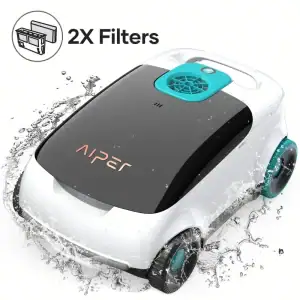 Aiper Scuba L1 cordless robotic pool cleaner front view|Aiper Scuba L1 pool cleaner side profile|Aiper Scuba L1 bottom showing roller brush|Aiper Scuba L1 two-stage filter system|Aiper Scuba L1 cleaning above-ground pool|Aiper Scuba L1 bumper protection detail|Aiper Scuba L1 top view showing controls|Aiper Scuba L1 with filter basket open|Aiper Scuba L1 cordless charging