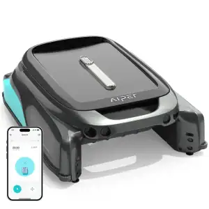 Aiper Surfer S1 cordless robotic pool skimmer top view|Aiper Surfer S1 skimming pool surface|Aiper Surfer S1 solar panel charging|Aiper Surfer S1 top-load filter basket open|Aiper Surfer S1 anti-stuck support beams|Aiper Surfer S1 brushless motor detail|Aiper Surfer S1 retractable beams close-up|Aiper Surfer S1 app control screen