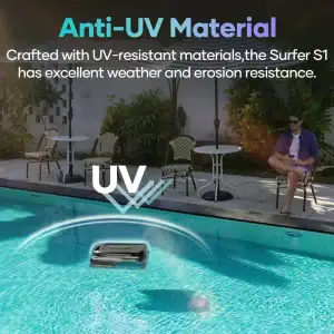 Aiper Surfer S1 cordless robotic pool skimmer top view|Aiper Surfer S1 skimming pool surface|Aiper Surfer S1 solar panel charging|Aiper Surfer S1 top-load filter basket open|Aiper Surfer S1 anti-stuck support beams|Aiper Surfer S1 brushless motor detail|Aiper Surfer S1 retractable beams close-up|Aiper Surfer S1 app control screen