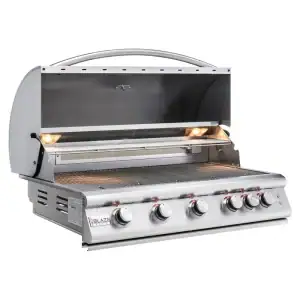 Blaze Premium LTE 40-inch 5-burner built-in gas grill front view|Blaze LTE 40 grill cooking surface detail|Blaze LTE 40-inch grill with hood closed showing LED knobs|Blaze LTE 40 grill infrared burner close-up