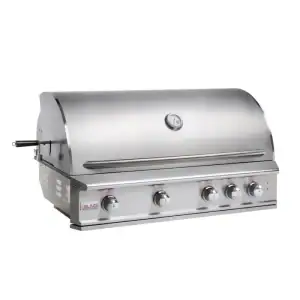 Blaze Premium LTE 40-inch 5-burner built-in gas grill front view|Blaze LTE 40 grill cooking surface detail|Blaze LTE 40-inch grill with hood closed showing LED knobs|Blaze LTE 40 grill infrared burner close-up