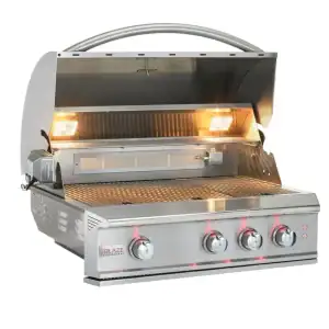 Blaze Professional LUX 34-inch built-in gas grill front view|Blaze Pro LUX 34 grill 12mm hexagon cooking rods detail|Blaze Professional LUX 34-inch grill installed in kitchen|Blaze Pro LUX grill rotisserie burner close-up