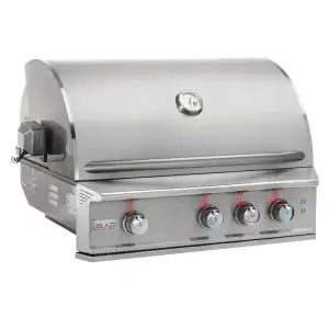 Blaze Professional LUX 34-inch built-in gas grill front view|Blaze Pro LUX 34 grill 12mm hexagon cooking rods detail|Blaze Professional LUX 34-inch grill installed in kitchen|Blaze Pro LUX grill rotisserie burner close-up