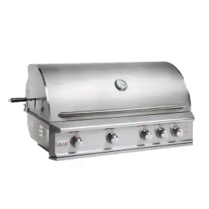 Blaze Professional LUX 44-inch built-in gas grill front view|Blaze Pro LUX 44 grill cooking surface detail|Blaze Professional LUX 44-inch grill with hood open|Blaze Pro LUX 44 grill rotisserie system close-up
