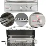 Blaze Professional LUX 44-inch built-in gas grill front view|Blaze Pro LUX 44 grill cooking surface detail|Blaze Professional LUX 44-inch grill with hood open|Blaze Pro LUX 44 grill rotisserie system close-up