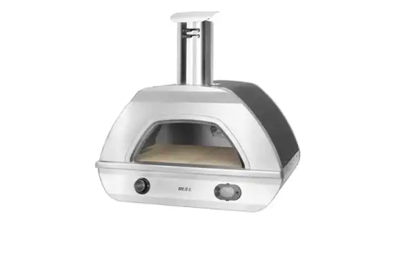 Bull Dual Fuel Countertop Pizza Oven NG front view|Bull natural gas pizza oven with peel|Bull NG pizza oven left side angle|Bull pizza oven ash tray close-up