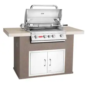 Bull Master Q outdoor kitchen island with grill open rock base|Bull Master Q kitchen island closed front view