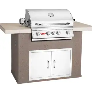 Bull Master Q outdoor kitchen island with grill open rock base|Bull Master Q kitchen island closed front view