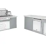 Bull Versa Q outdoor kitchen island L-shape configuration with grill open|Bull Versa Q kitchen island adjacent parallel configuration|Bull Versa Q kitchen island parallel layout view