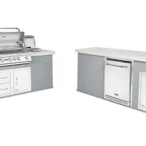 Bull Versa Q outdoor kitchen island L-shape configuration with grill open|Bull Versa Q kitchen island adjacent parallel configuration|Bull Versa Q kitchen island parallel layout view