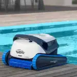 Dolphin S300 robotic pool cleaner front view|Dolphin S300 scrubbing brushes close-up|Dolphin S300 top-load filter access|Dolphin S300 cleaning pool waterline|Dolphin S300 MyDolphin Plus app spot cleaning|Dolphin S300 navigating pool wall