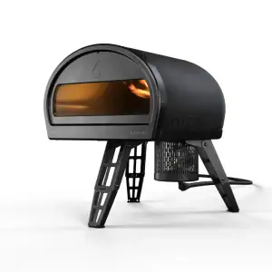 Gozney Roccbox portable propane pizza oven front view|Gozney Roccbox oven lifestyle outdoor setting|Gozney Roccbox pizza oven side profile|Gozney Roccbox oven profile view|Gozney Roccbox rear view with burner|Gozney Roccbox packaging and unboxing|Gozney Roccbox pizza cooking lifestyle shot