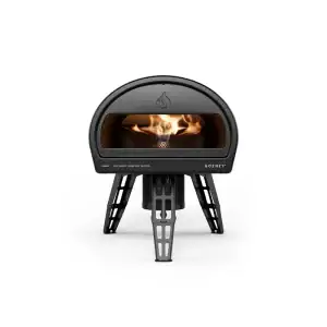 Gozney Roccbox portable propane pizza oven front view|Gozney Roccbox oven lifestyle outdoor setting|Gozney Roccbox pizza oven side profile|Gozney Roccbox oven profile view|Gozney Roccbox rear view with burner|Gozney Roccbox packaging and unboxing|Gozney Roccbox pizza cooking lifestyle shot