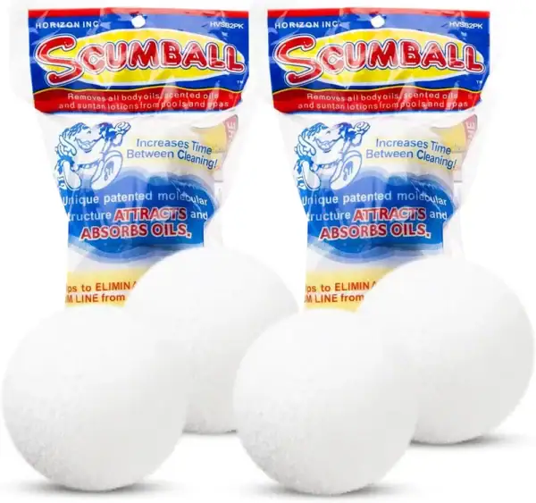 Horizon Ventures Scumball 2-pack pool scum eliminators|Scumball single ball detail|Scumball absorbing oils demonstration|Scumball before and after|Scumball packaging 2-pack