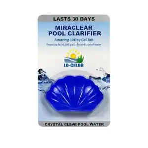 Lo-Chlor Miraclear gel pool clarifier tab packaging|Miraclear clarifier tab side view|Miraclear tab back label|Miraclear tab close-up