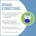 Lo-Chlor Miraclear gel pool clarifier tab packaging|Miraclear clarifier tab side view|Miraclear tab back label|Miraclear tab close-up