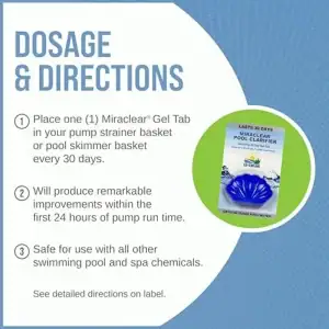 Lo-Chlor Miraclear gel pool clarifier tab packaging|Miraclear clarifier tab side view|Miraclear tab back label|Miraclear tab close-up