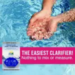 Lo-Chlor Miraclear gel pool clarifier tab packaging|Miraclear clarifier tab side view|Miraclear tab back label|Miraclear tab close-up