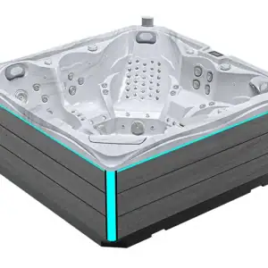 SpaEase Bahama 7-person hot tub exterior view|SpaEase Bahama spa interior layout|SpaEase Bahama hot tub aerial view|SpaEase Bahama spa jet detail|SpaEase Bahama hot tub waterfall feature|SpaEase Bahama spa LED cup holders|SpaEase Bahama hot tub evening lighting|SpaEase Bahama spa therapy seats