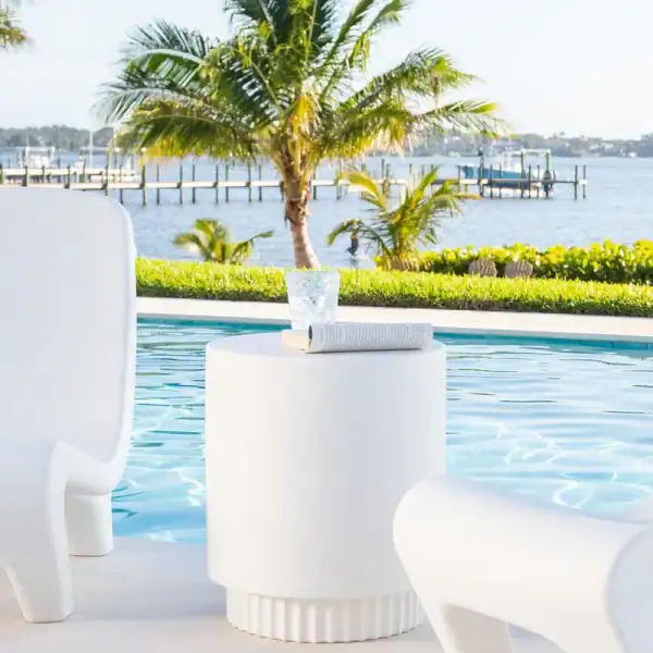 Tenjam Ripple side table with Freelo chair poolside|Tenjam Ripple side table lifestyle|Tenjam Ripple side table in patio setting|Tenjam Ripple side table with Woosah chairs|Tenjam Ripple side table with Mibster chair white granite|Tenjam Ripple side table with Moon Chair|Tenjam Ripple side table close-up|Tenjam Ripple side table dimensions
