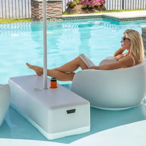 Tenjam Splash Dash Bench with umbrella hole in White Granite|Tenjam Dash Bench with soft touch top poolside|Tenjam Dash Bench close-up with cupholder detail|Tenjam Dash Bench water depth diagram