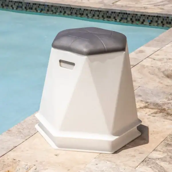 Tenjam Twisted Hex 18 inch stool poolside lifestyle|Tenjam Twisted Hex stool in pool setting|Tenjam Twisted Hex stool color options display|Tenjam Twisted Hex stool single unit|Tenjam Twisted Hex stools in pool with people|Tenjam Twisted Hex stool handle grip detail|Tenjam Twisted Hex stool cupholder closeup|Tenjam Twisted Hex stool cushion texture detail
