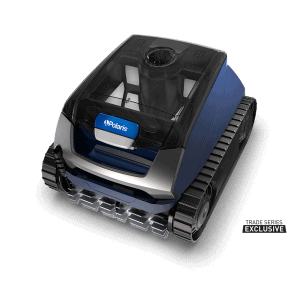 Polaris EPIC™ 8640 (FEPIC8640) blue and black pool cleaner with tank treads on display in New York.