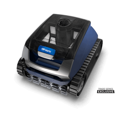 Polaris EPIC™ 8640 (FEPIC8640) blue and black pool cleaner with tank treads on display in New York.