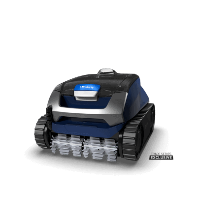 The Polaris EPIC™ 8640 (FEPIC8640) robotic cleaner with tank-like tracks shown on pool deck.