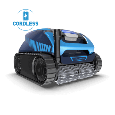 Polaris FREEDOM™ Plus Cordless (FRP550CTLR) is a blue robotic pool cleaner shown by poolside steps.