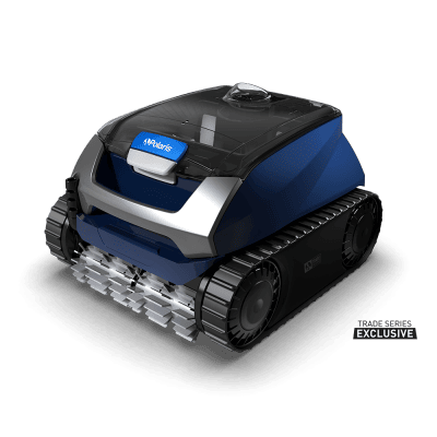 The Polaris EPIC™ 8640 pool cleaner is shown on a patio, a top choice for NY pool supplies.