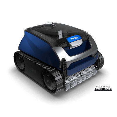 The Polaris EPIC™ 8640 blue and black robotic pool cleaner features tank-like treads on Long Island.