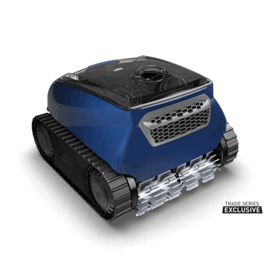The Polaris EPIC™ 8640 is a blue, tank-like robotic pool cleaner with tracks, suited for Long Island.