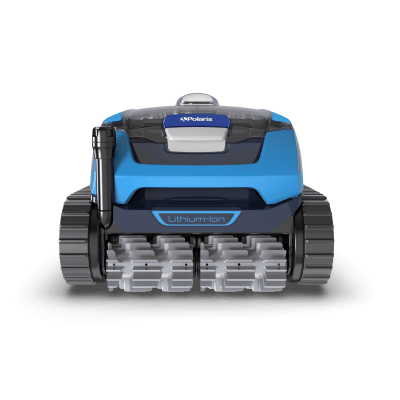 Front view of the Polaris FREEDOM™ Plus Cordless FRP550CTLR blue robotic pool cleaner on Long Island.