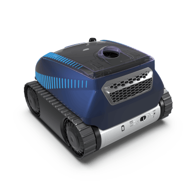The Polaris FREEDOM™ Plus Cordless (FRP550CTLR) blue robotic pool cleaner sits by a clear pool.