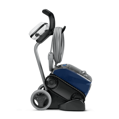 Side view of Polaris EPIC™ 8640 (FEPIC8640), a compact pool cleaner featuring blue accents.