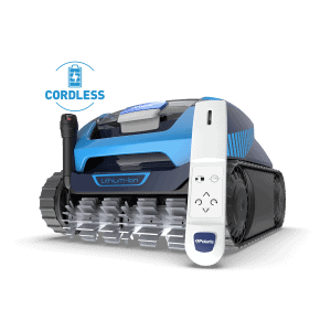 The Polaris FREEDOM™ Plus Cordless pool cleaner with tracks and remote sits by a clear Long Island pool.