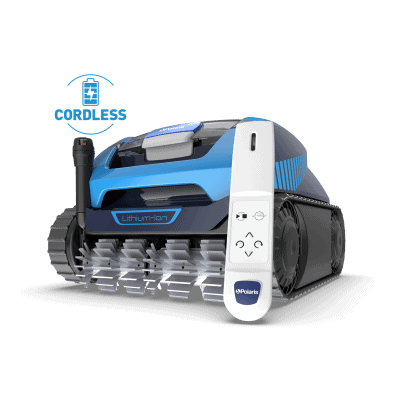 The Polaris FREEDOM™ Plus Cordless pool cleaner with tracks and remote sits by a clear Long Island pool.