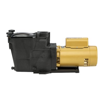 Side view of a black and yellow pool pump, featured by NY pool supplies Long Island for quality service.