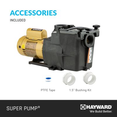 A Hayward Super Pump, PTFE tape, and a 1.5-inch bushing kit are displayed as pool supplies.