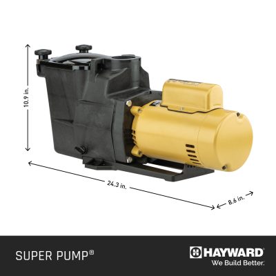 A black and yellow Hayward Super Pump pool pump featured at a pool supplies store in Queens, NY.