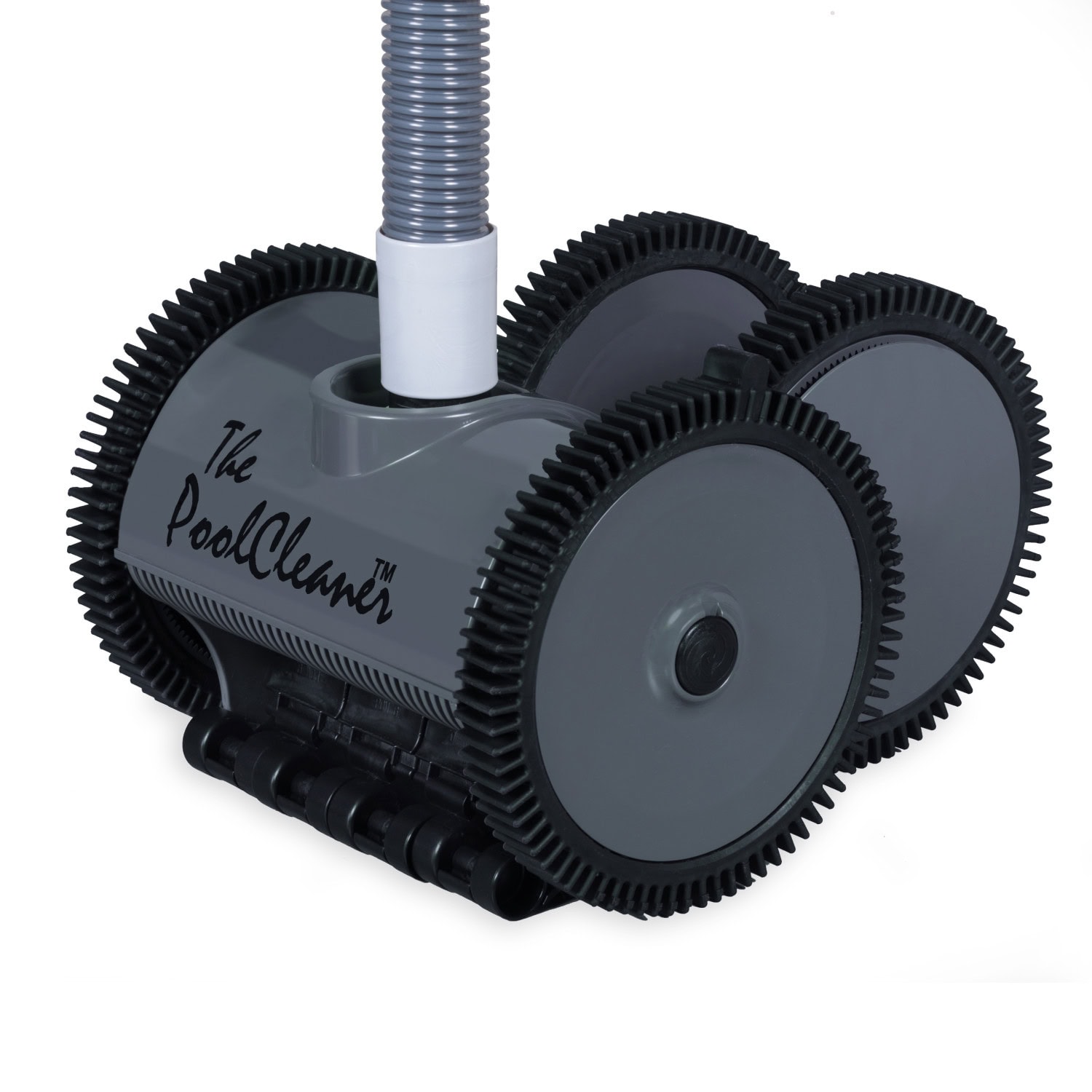 Gray pool cleaner with large black wheels and a hose attachment, labeled "The PoolCleanerTM," on display.