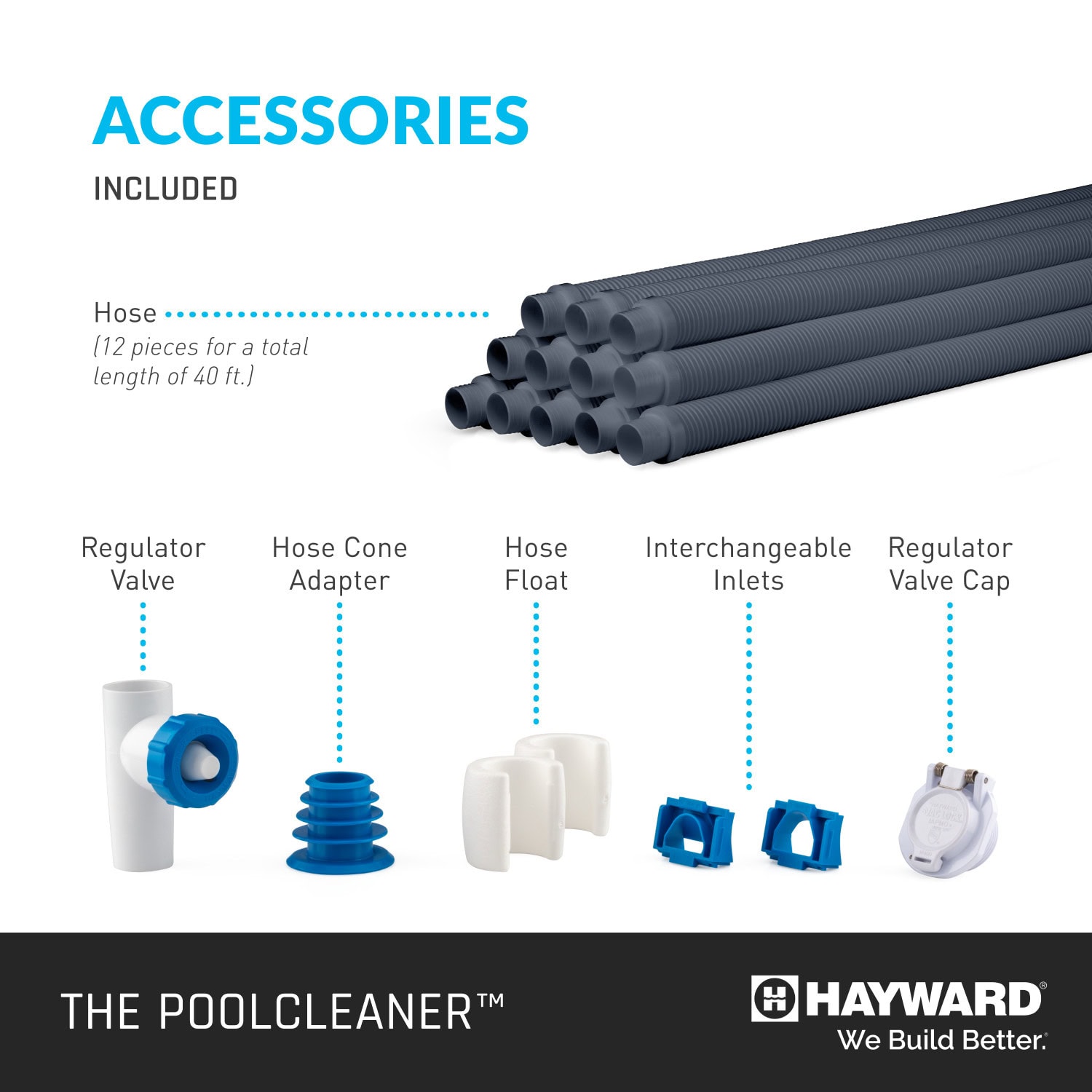 The image displays pool cleaner accessories including hose pieces, regulator valve, adapter, float, and inlets.