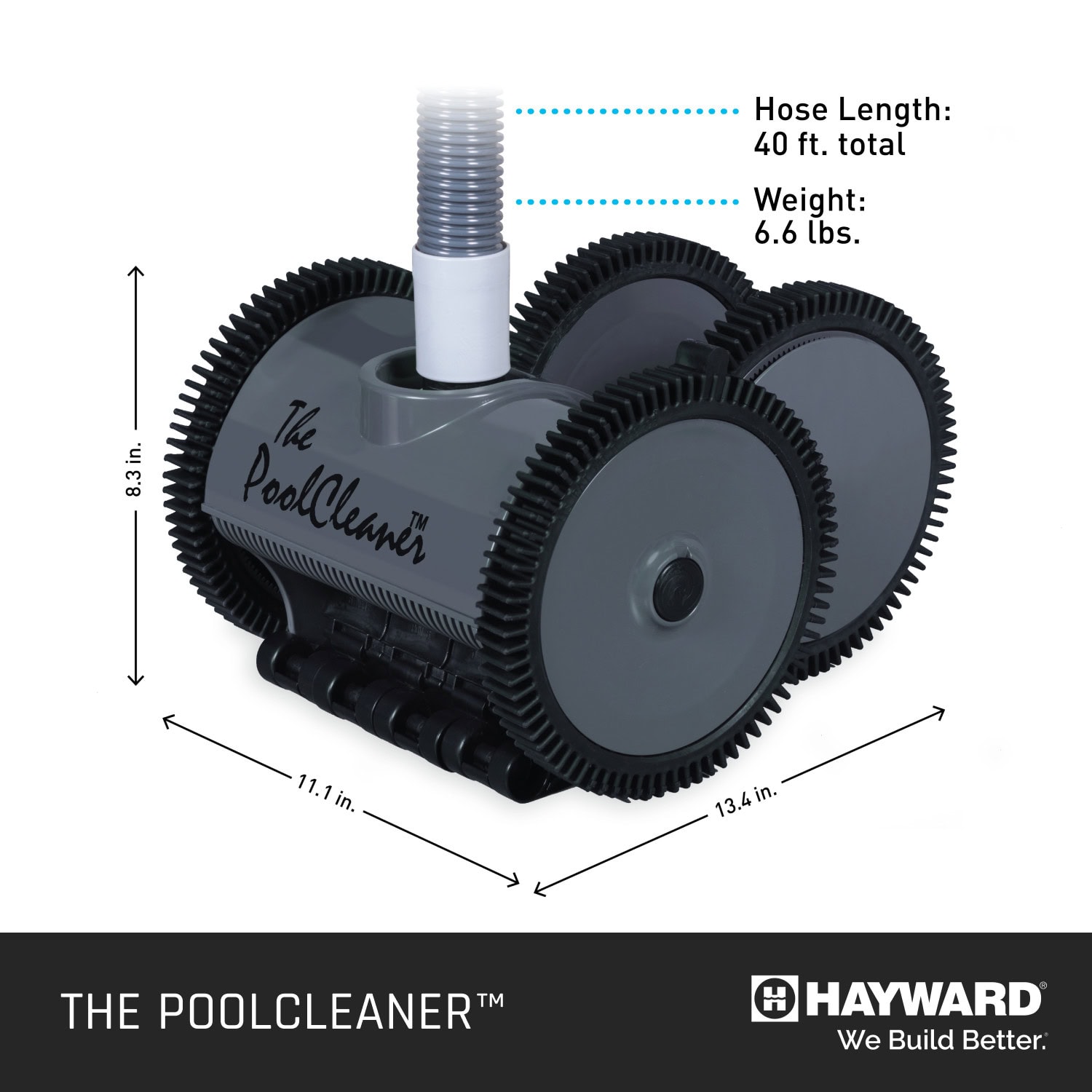 Gray pool cleaner features large black wheels, labeled dimensions, hose, weight, and Hayward logo below.