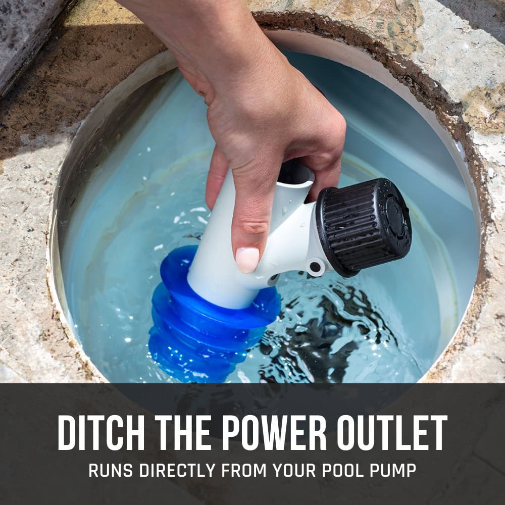 A hand installs a blue and white device into a pool pump, with the text: Ditch the power outlet.
