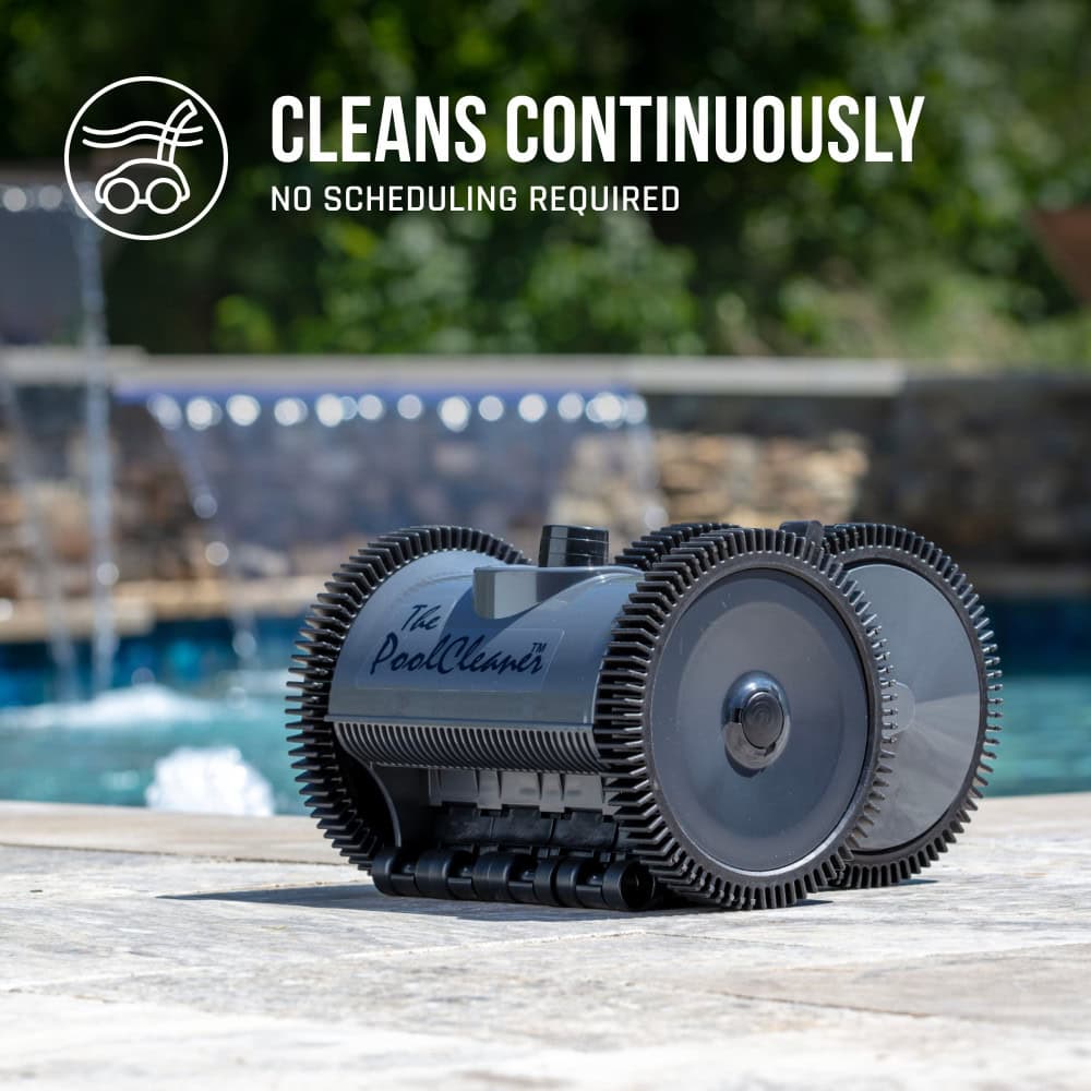 A robotic pool cleaner sits on the poolside with text: "CLEANS CONTINUOUSLY, NO SCHEDULING REQUIRED.