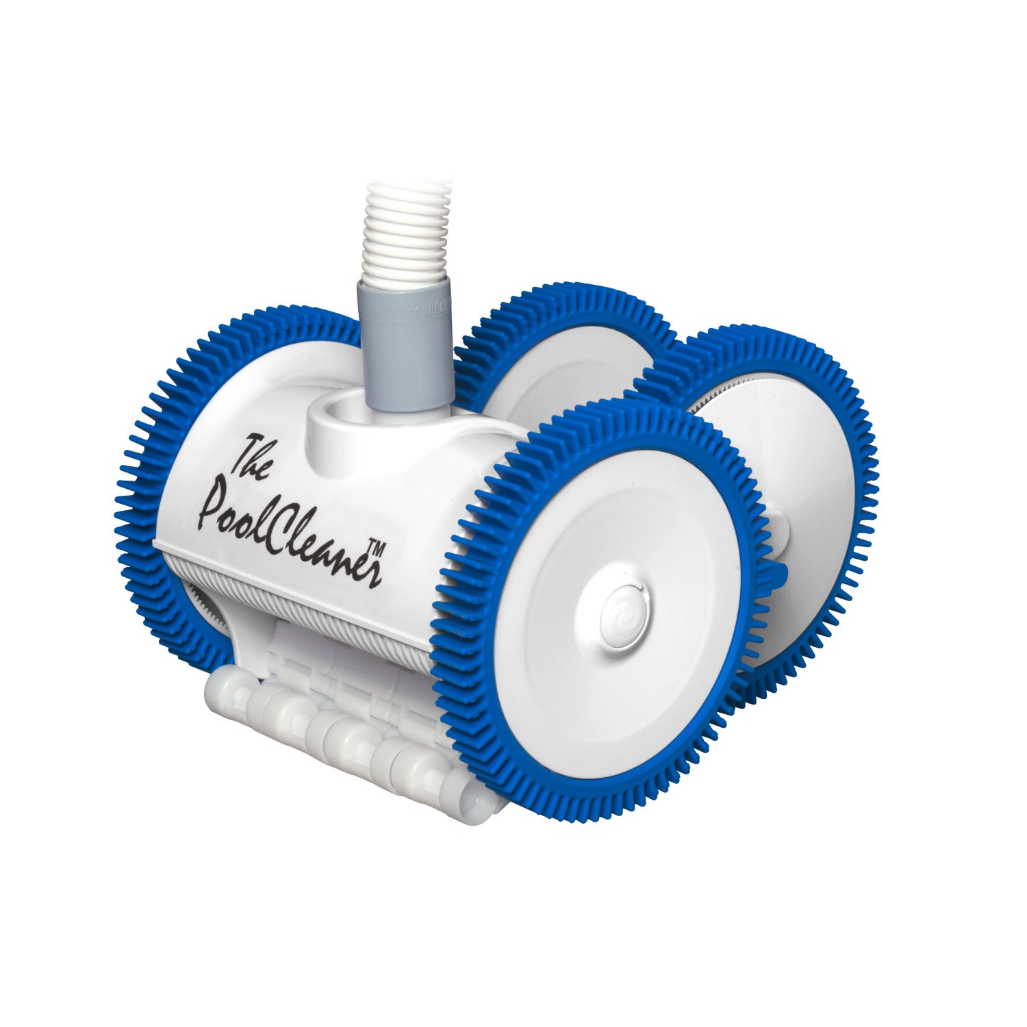 A white and blue pool cleaner with four wheels and "The PoolCleaner" logo is positioned by the poolside.