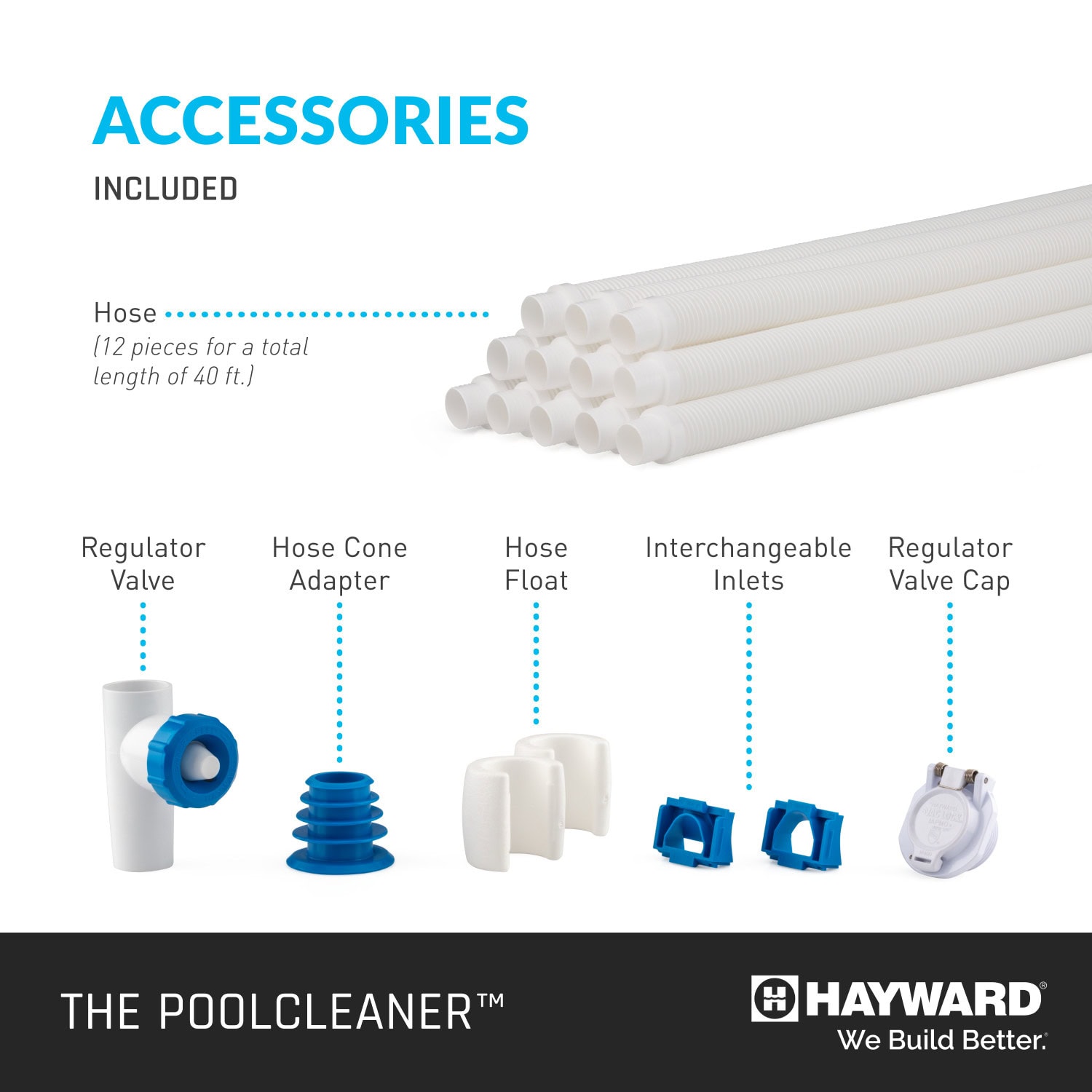 Pool cleaner accessories arranged together include white hose pieces, a regulator valve, blue adapter, and floats.